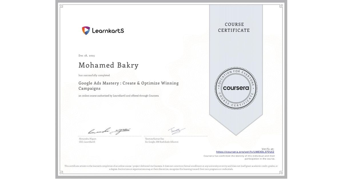 شهادة Google Ads Mastery: Create & Optimize Winning Campaigns - LearnKartS